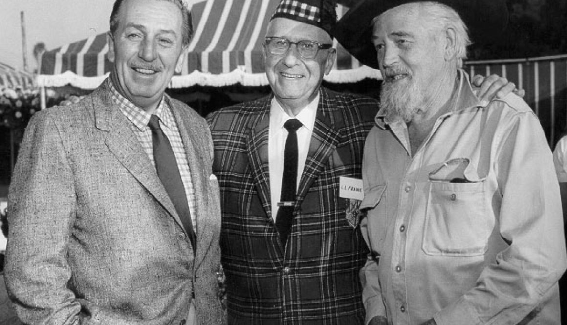 Walt Disney, Lawrence Frank and Walter Van de Kamp outside The Tam O'Shanter Inn 1960